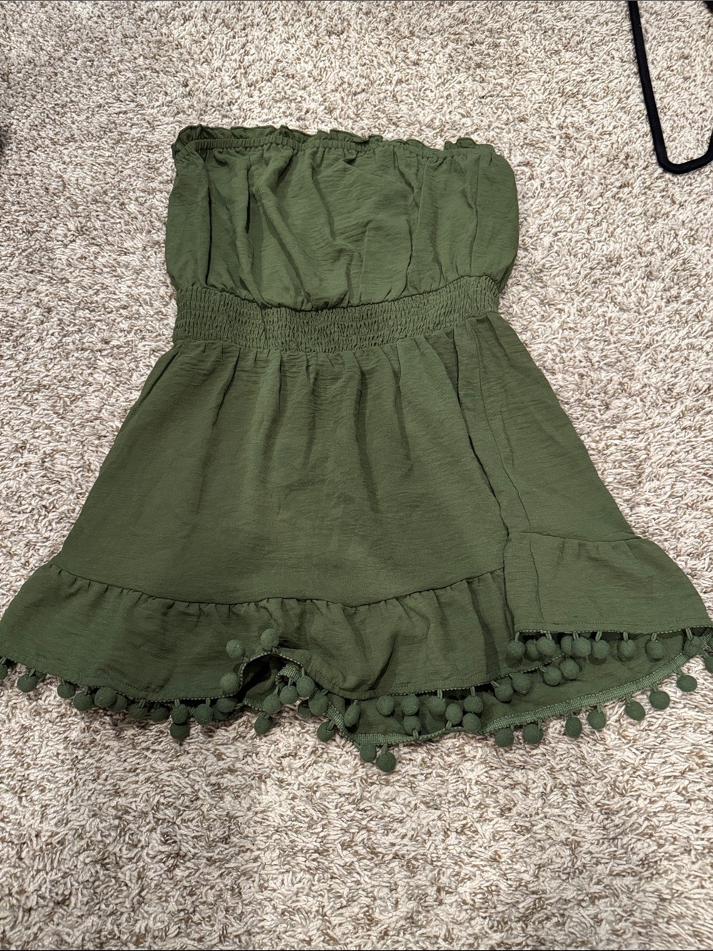 NWOT. Olive Green Strapless Pom Pom Dress